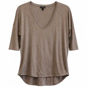 Express Tunic Top Womens Small Brown V Neck 3/4 Sleeve Hi Low Tee Shirt Casual